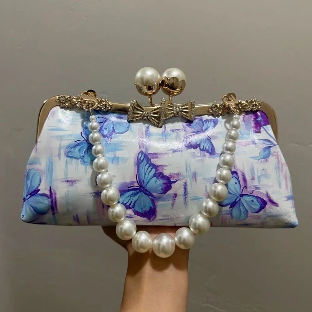 Butterfly Print Genuine Leather Handmade Pearl Kisslock Clutch Bag, Crossbody